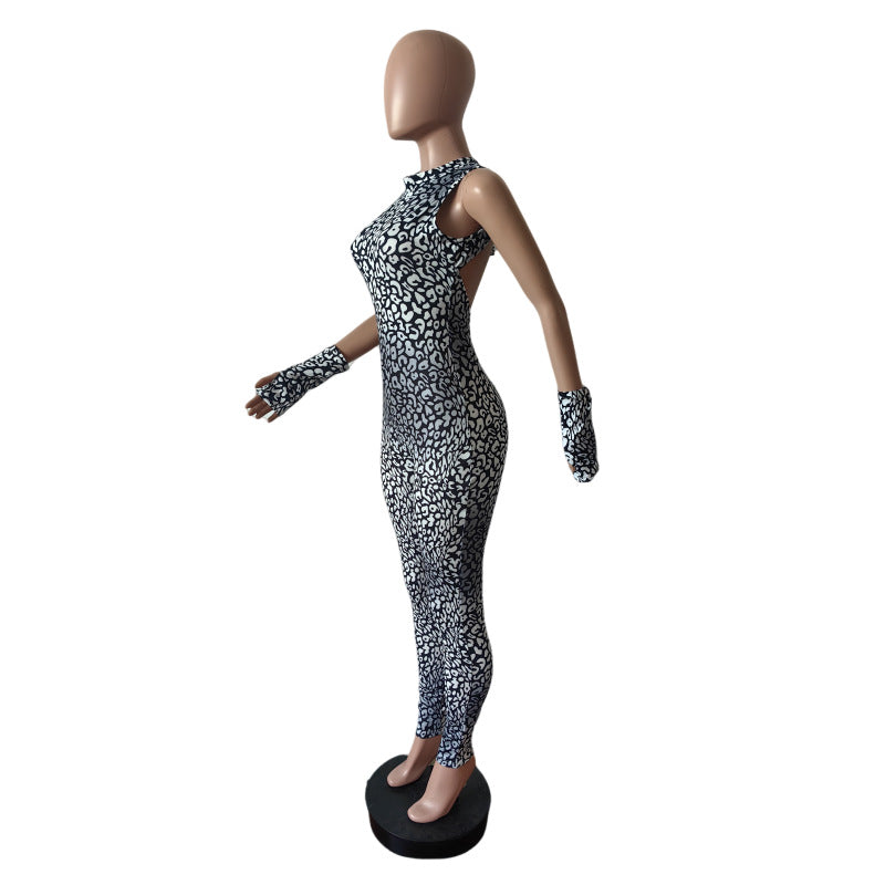 Women Leopard Print Sleeveless Halter Neck Backless Lace-Up Glove Jumpsuit 7