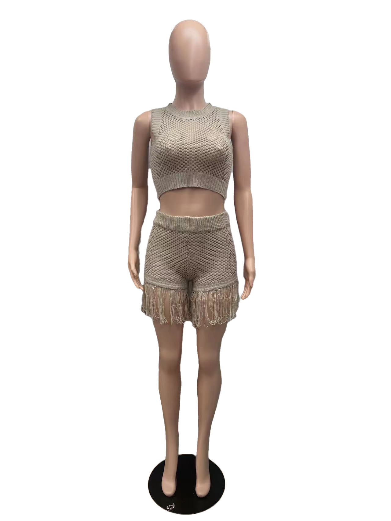 Women knitting Crochet hollow tassel sexy Top and shorts two-piece set 9