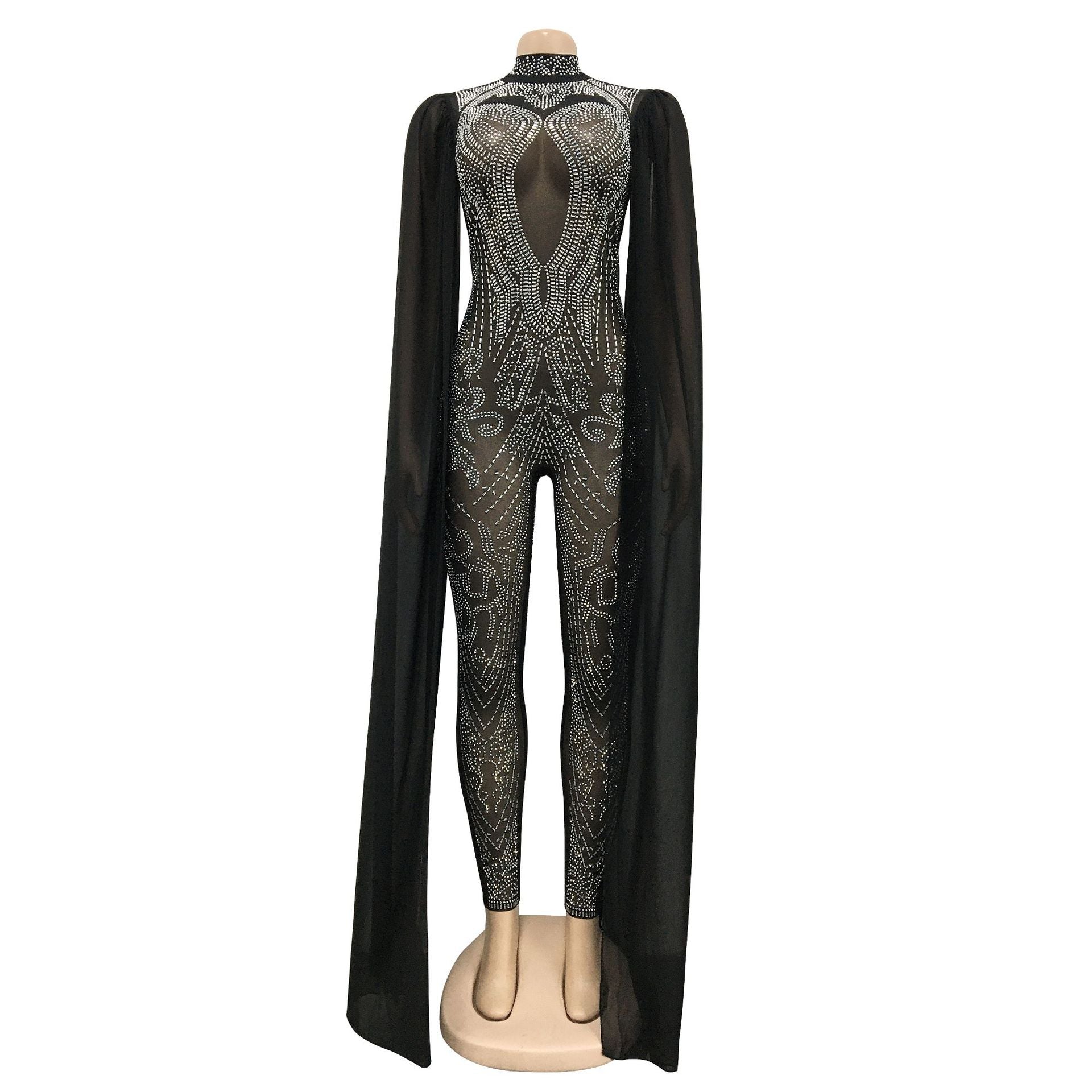 Women Beaded Mesh See-Through Slit Sleeve Jumpsuit 16