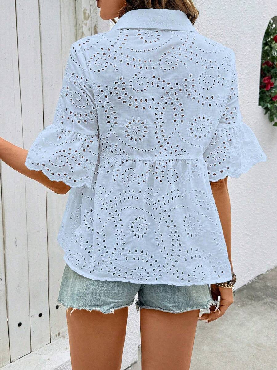 Women spring and summer Half-Sleeve Turndown Collar cardigan lace hollow T-shirt 5