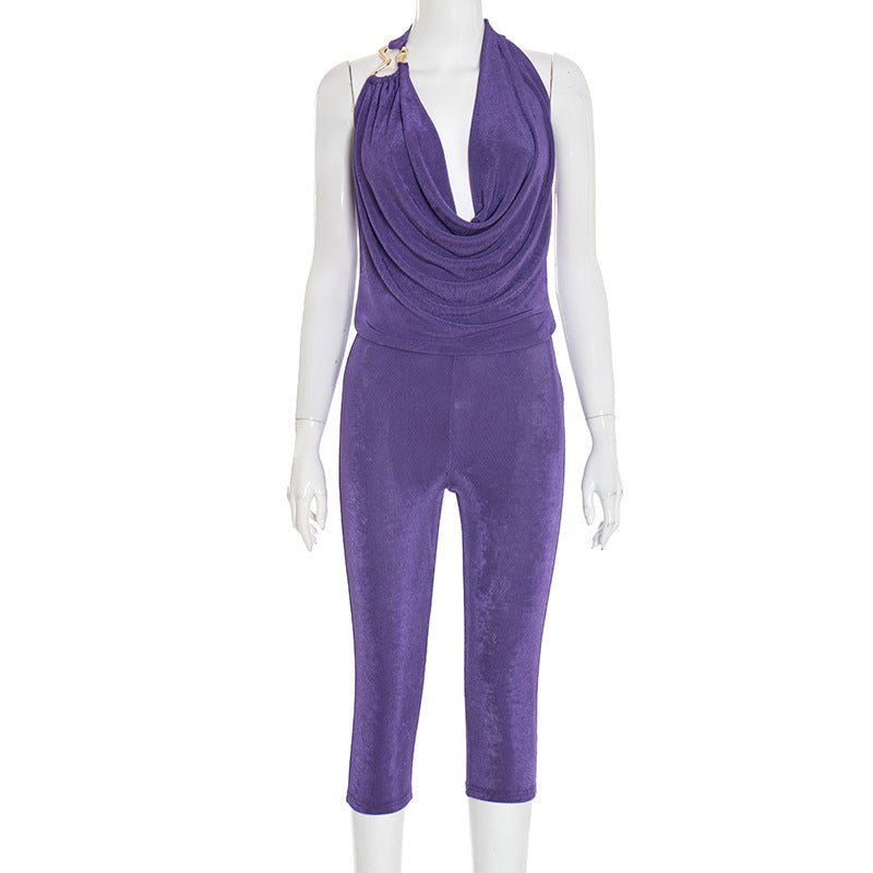 Women Fall Sexy Halter Neck Top and Capri Two-Piece Set 7