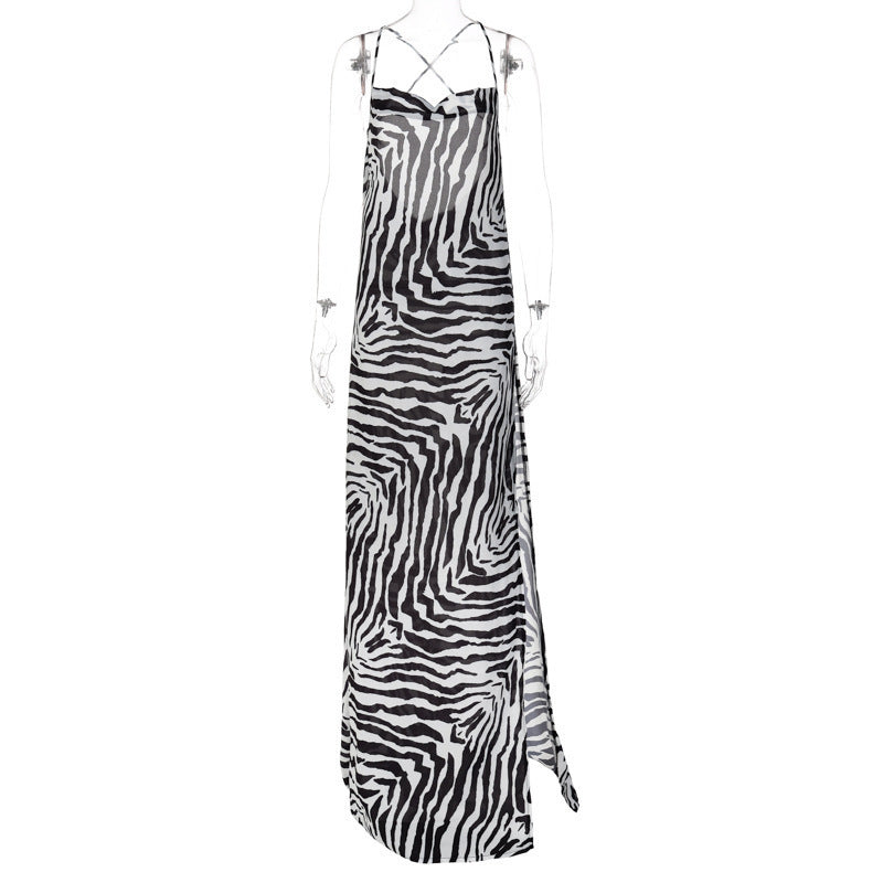 Women's Summer Holidays Zebra Print Sexy Halter-Neck Low-Back Dress 9