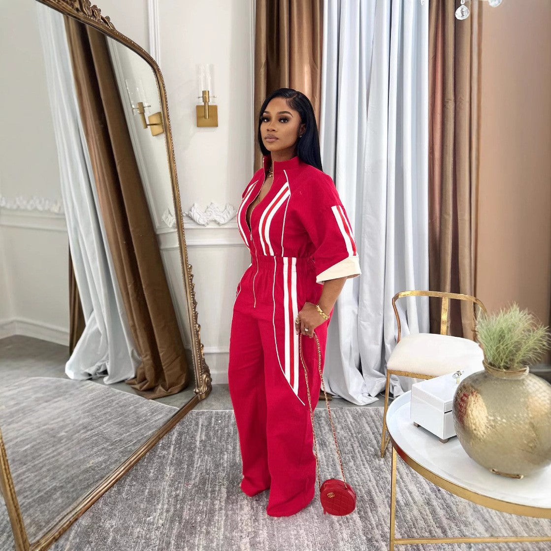 Women's Clothing Stand Collar 7-Quarter Sleeves Slim Waist Zipper Long Jumpsuit 6