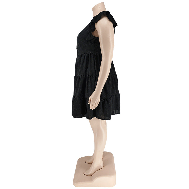 Plus Size Women's Solid Color Ruffled Short Sleeve Button Up Casual A-line Dress 16