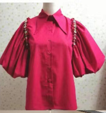 Embellished Rhinestone Chain Fashion Slit Retro Puff Sleeve Shirt 4