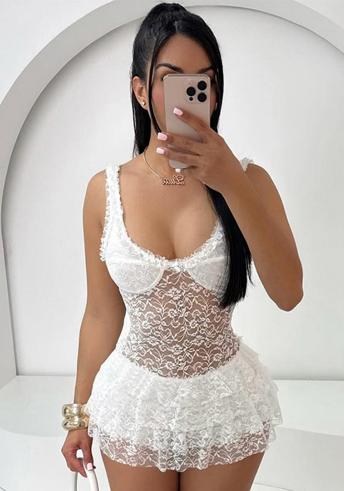 Summer women's straps transparent lace multi-layer ruffle dress