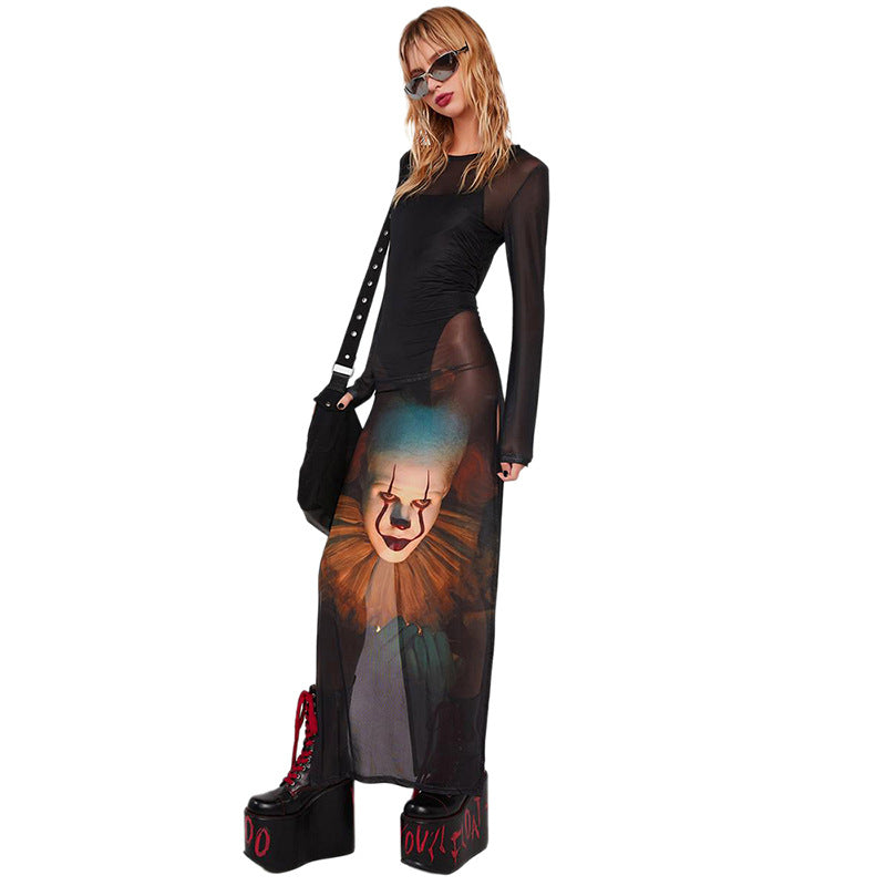 Women American Printed Mesh Long Sleeve Round Neck Dress 6