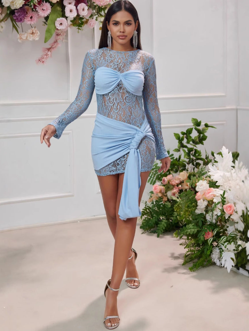 Women Spring Summer Sexy Round Neck Lace Patchwork Long Sleeve Dress