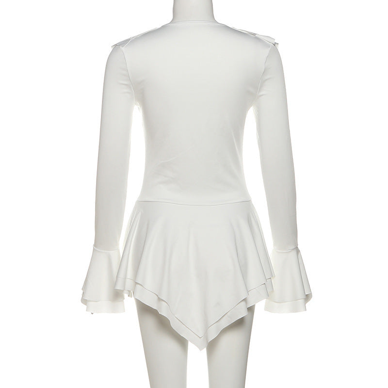 Women's Autumn Solid Color Fashion V-Neck Bell Sleeve Slim Waist Ruffle Hem Dress 12