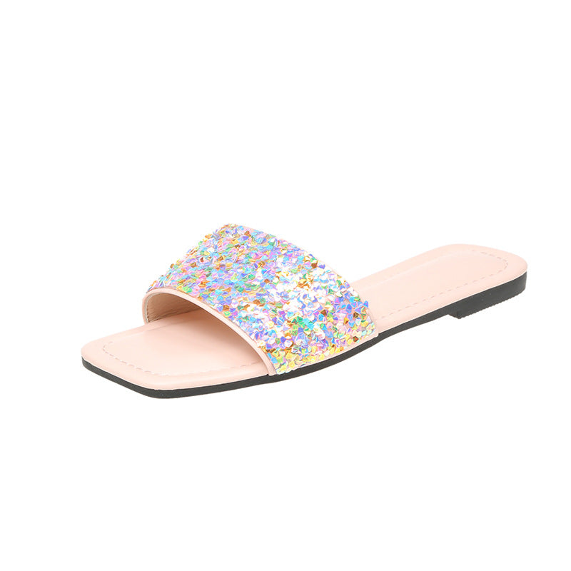 Plus Size Soft Sole Slippers Women Summer Outdoor Wear Flat Sequined Flip Flop Square Toe Flat Sandals and Slippers 8