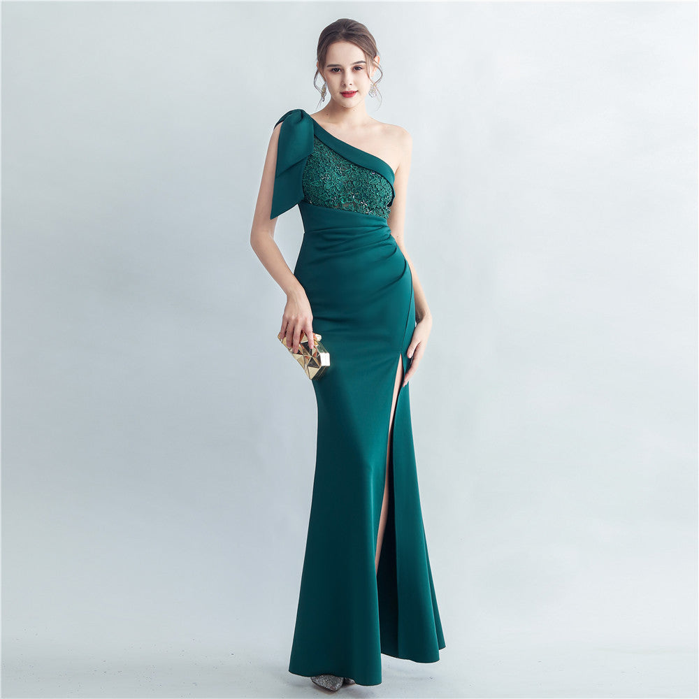 Lace Beaded Slash Shoulder Formal Party Side Slit Evening Gown 4