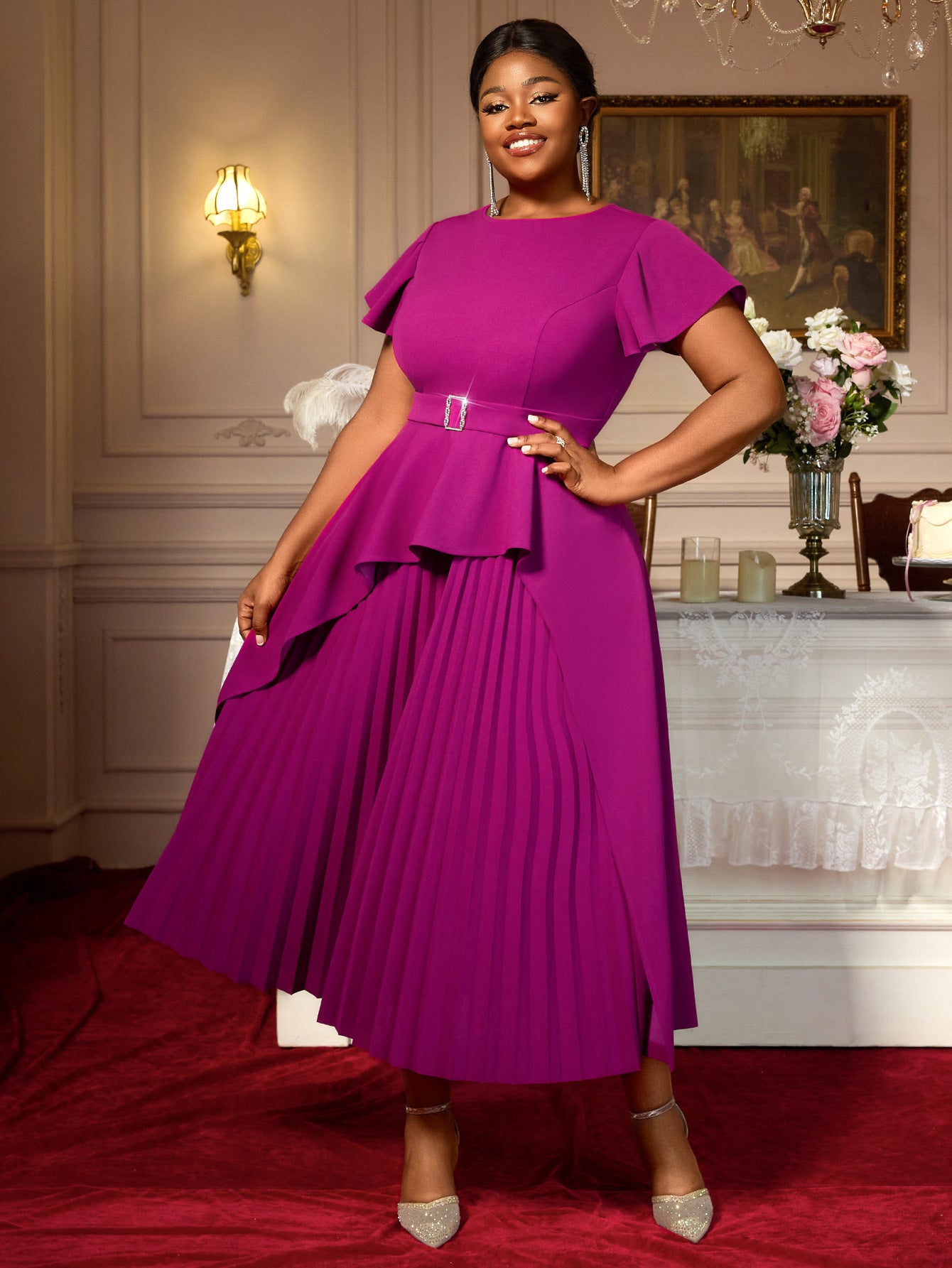 Plus Size Women Round Neck Short Sleeve Irregular Ruffle Elegant Dress 10