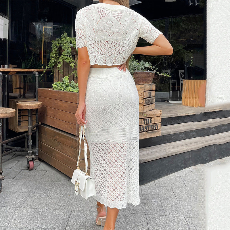 Knitting Crocheted Short-Sleeved Two-Piece Mid-Length Skirt Set 3