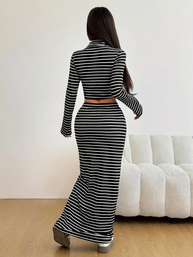 Women Solid Striped Half-Turtleneck Long-Sleeved Top and Skirt Two-Piece Set 3