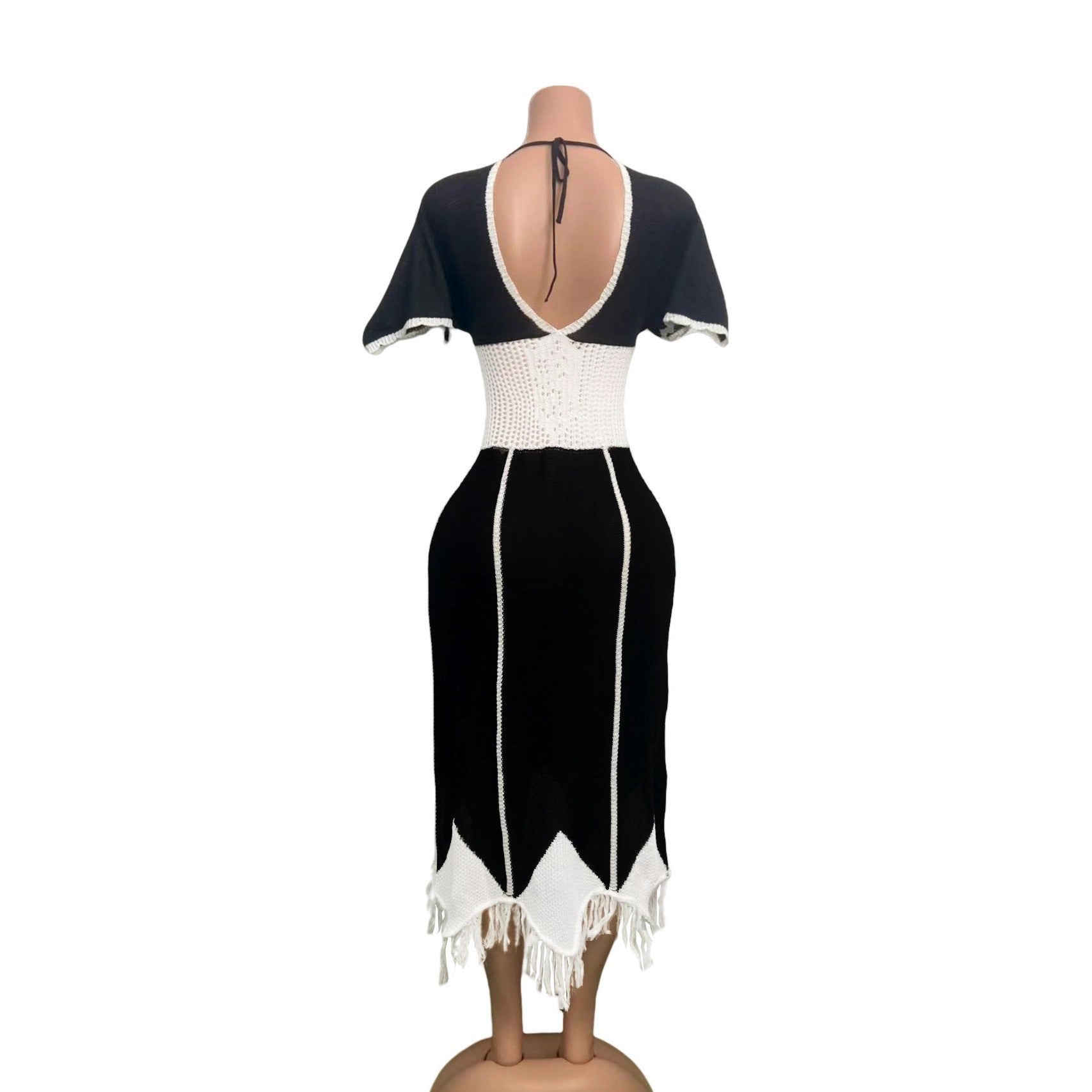 Women V-neck contrasting airy suture knitting dress 13