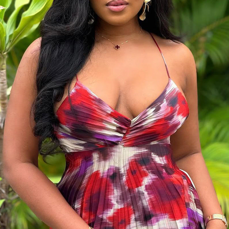 African print pleated strap long sexy dress for women 5