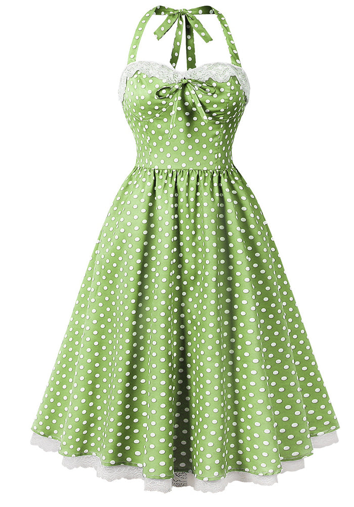 Halter Neck Low Back Polka Dot A-Line Formal Party Dress