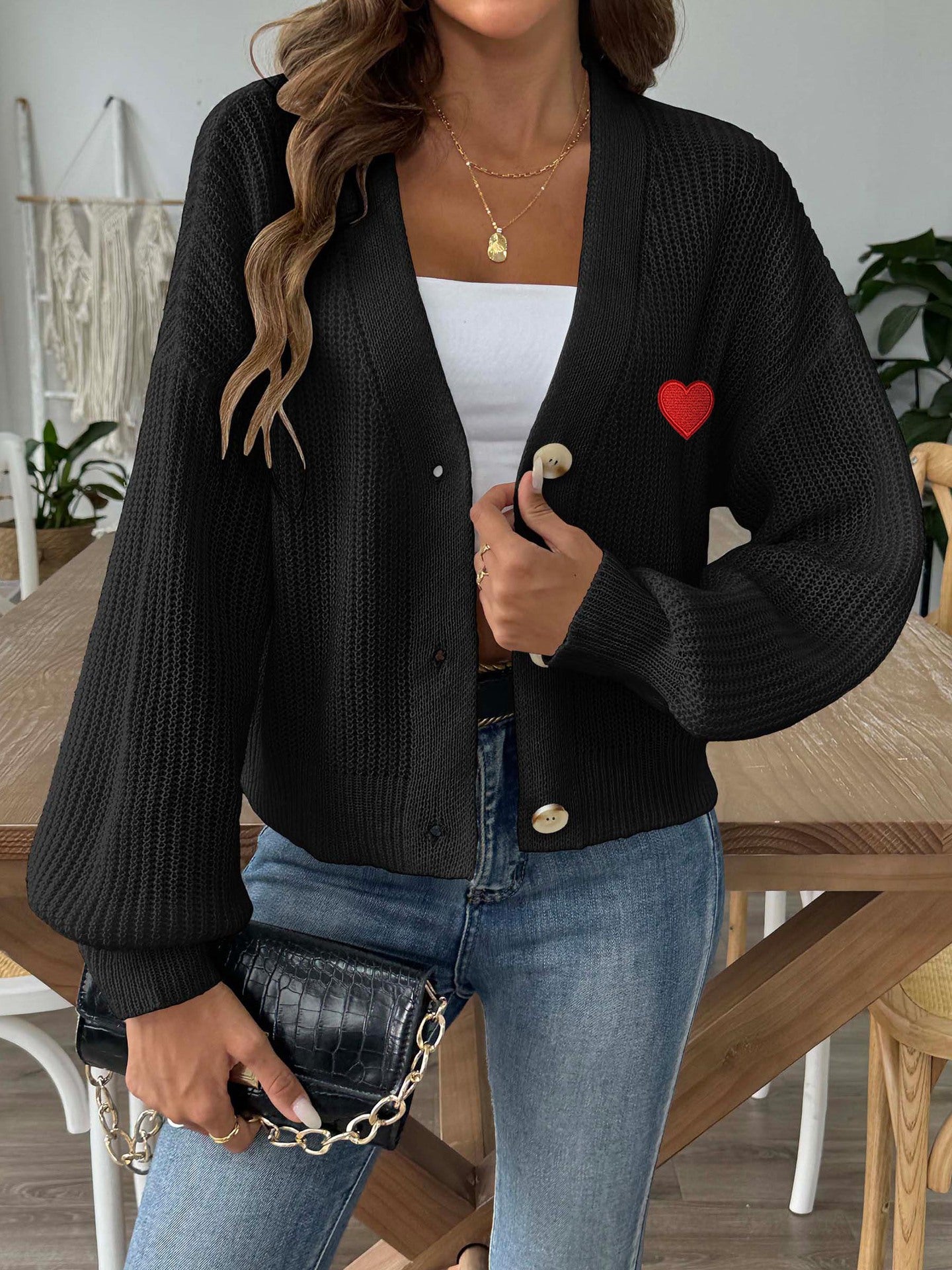 Ladies Knitted Cardigan Sweater Women's Autumn Winter Heart Embroidery Short Button Coat 5