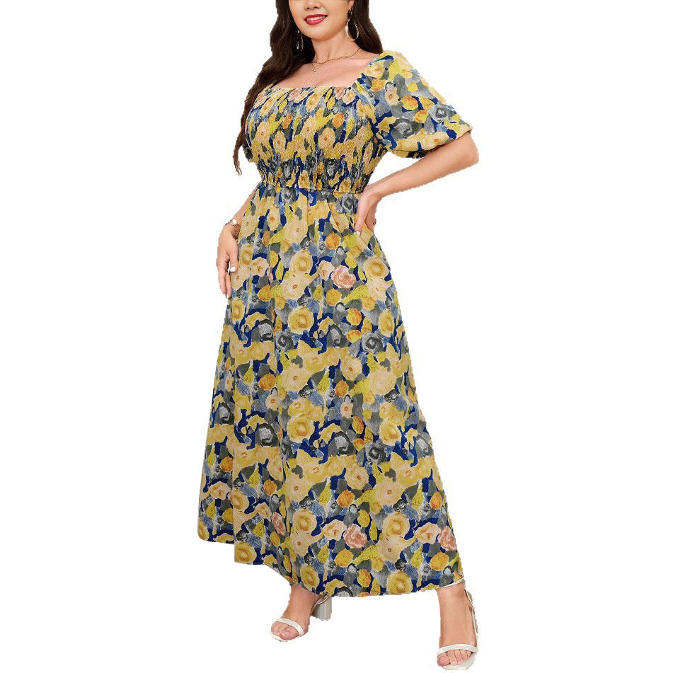 Plus Size Floral Square Neck Puff Sleeve Summer Slim Waist Chic A-Line Maxi Dress 6