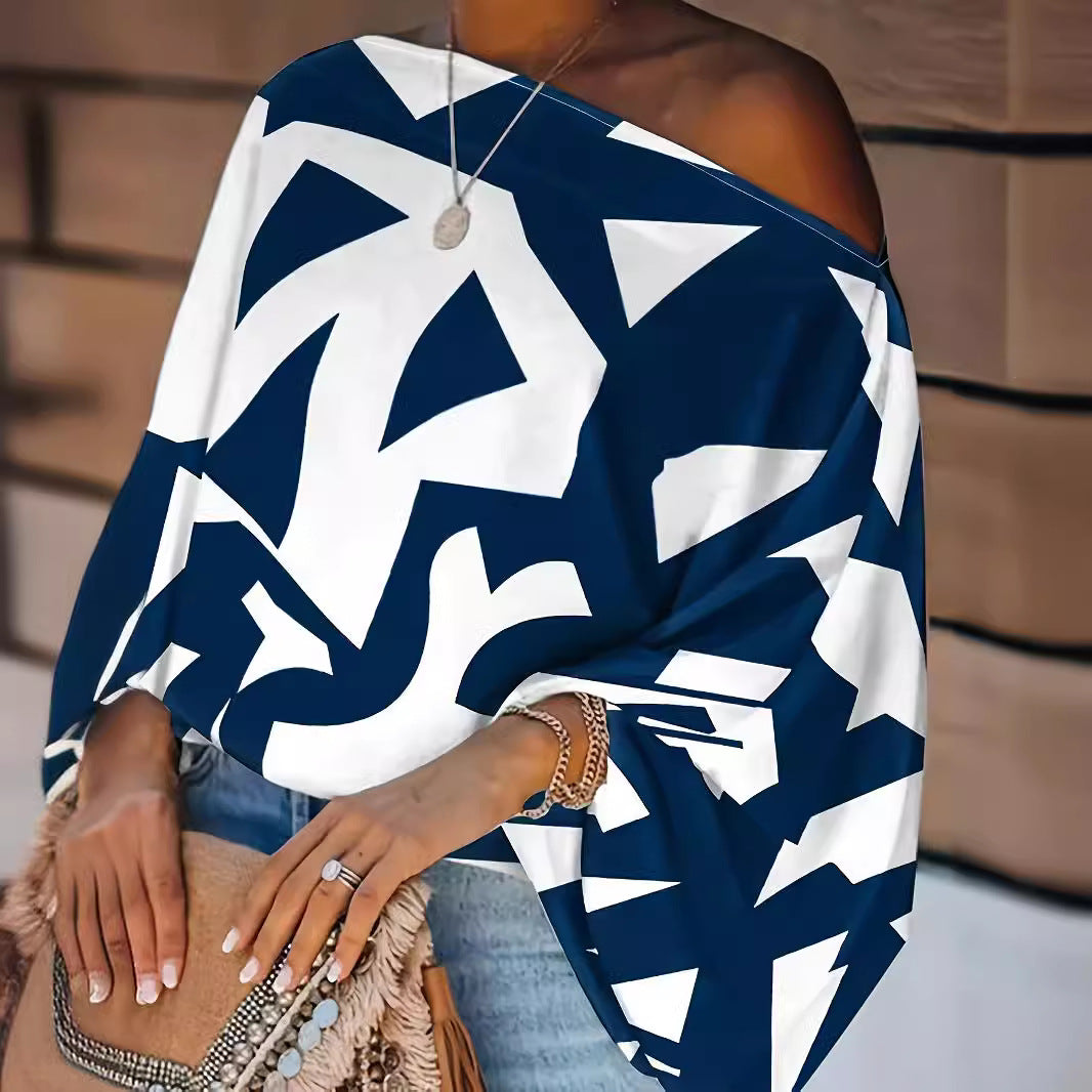 Women's Spring Summer Ladies Fashion Chic Print Loose Slash Shoulder Top 4