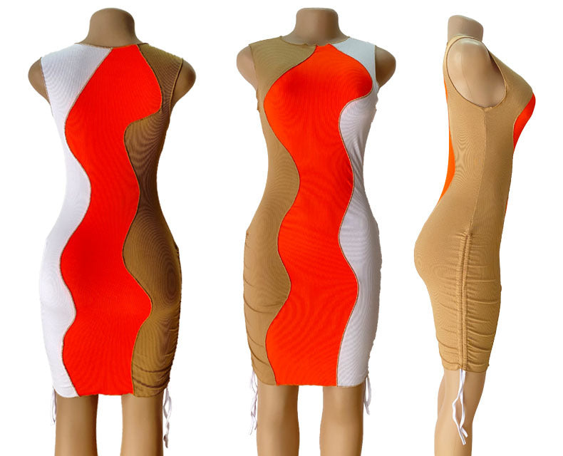 Women Sexy Ribbed Contrast Patchwork Bodycon Dress 7