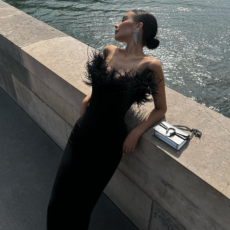 Spring Feather Deep V Sexy Tight Fitting Fashion Dress 6