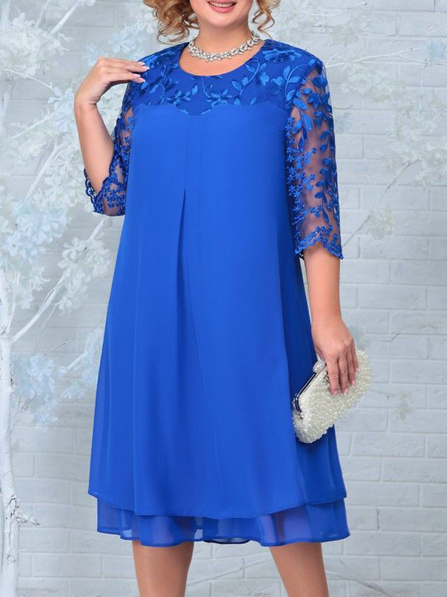 Plus Size Women Embroidered Chiffon Splicing Round Neck Half Sleeve  Casual  Dress 6