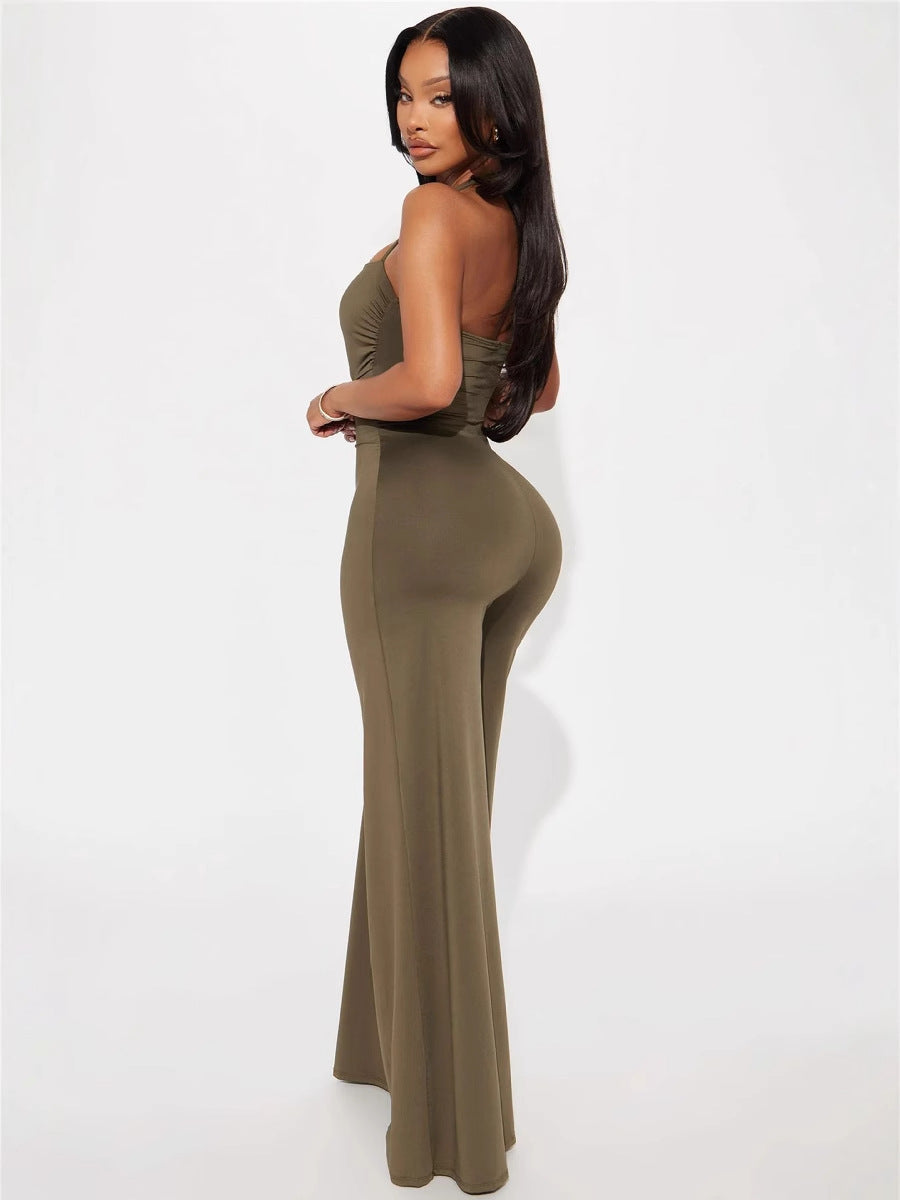 Women Solid Halter Neck Metal Backless Cutout Jumpsuit 3