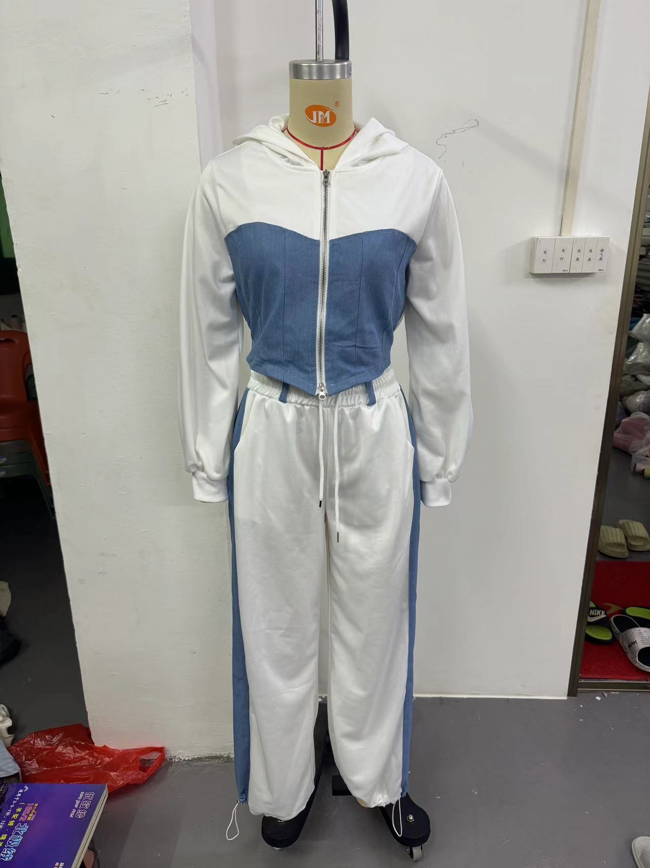 Women's Fashion Casual Hoodies Set Denim Patchwork Hooded Top and Pants Two-Piece Set 15