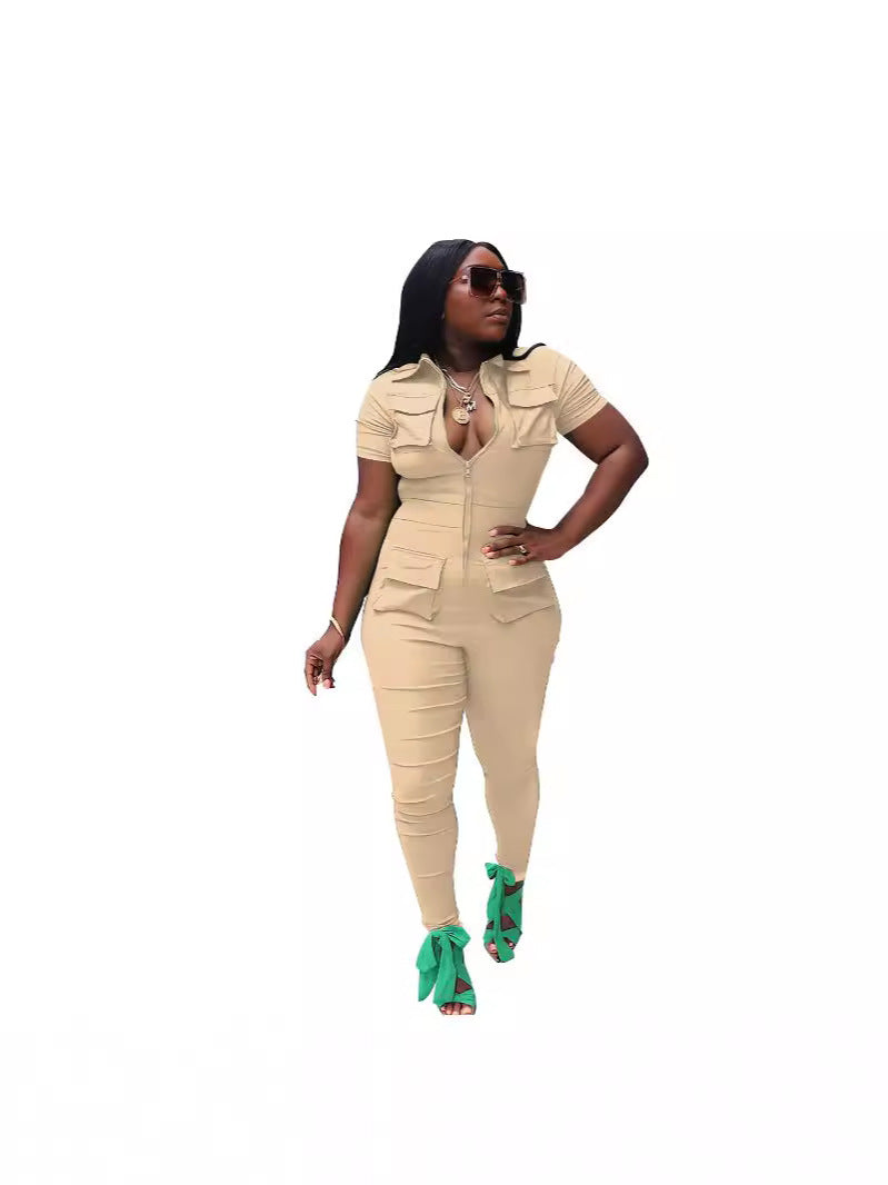 Solid Color Zipper Camo/Solid Color Pocket Women's Cargo Jumpsuit Fashion Casual Women's Clothing 8
