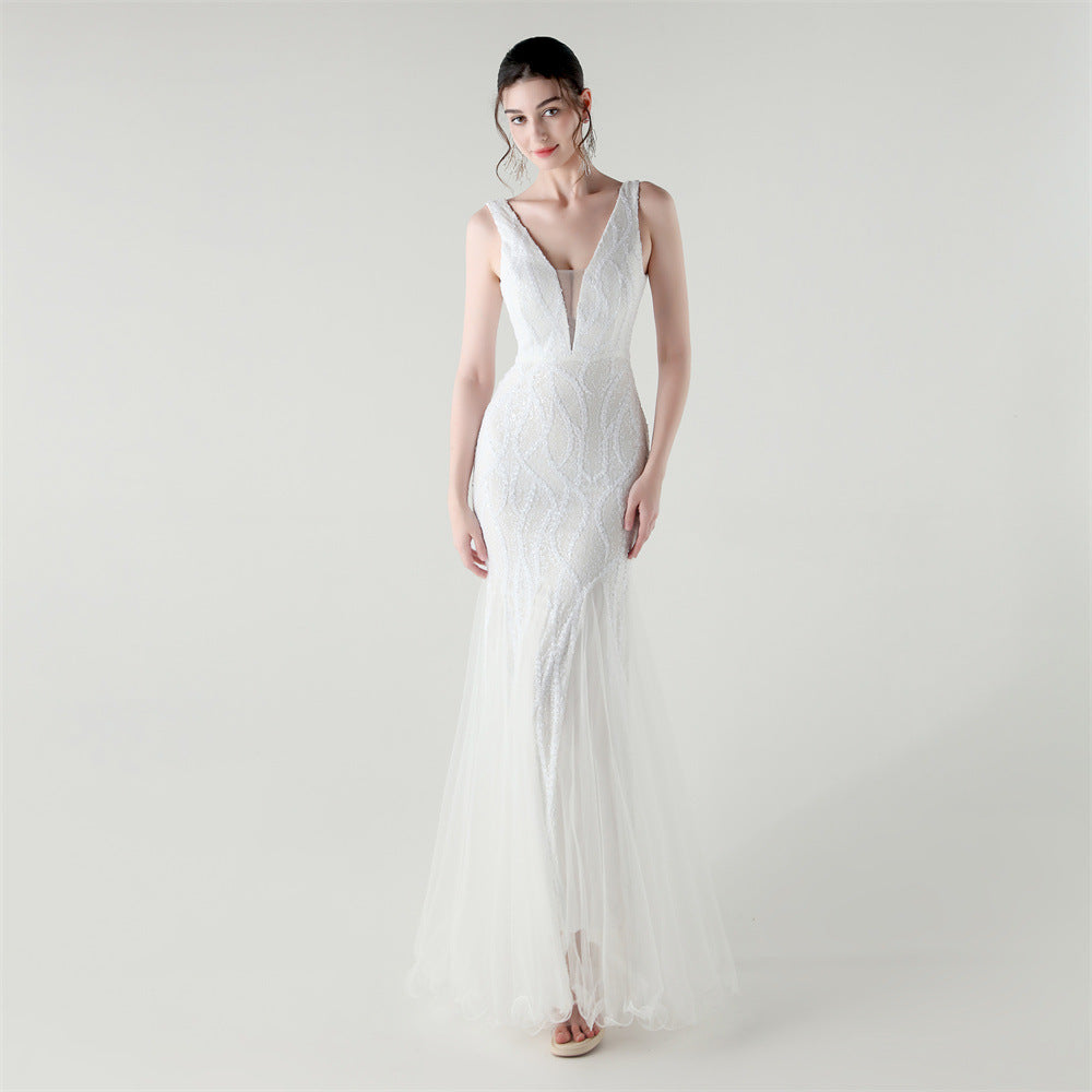 Deep V Neck Sequin Mesh Patchwork Fishtail Evening Dress for Formal Occasions 9