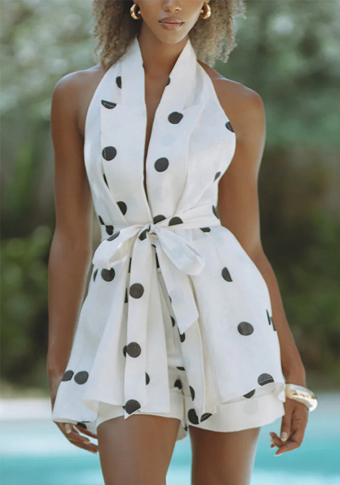 Spring/Summer Halter Neck Sleeveless Print Loose Holiday Short Sleeve Two-Piece Women's Shorts Set