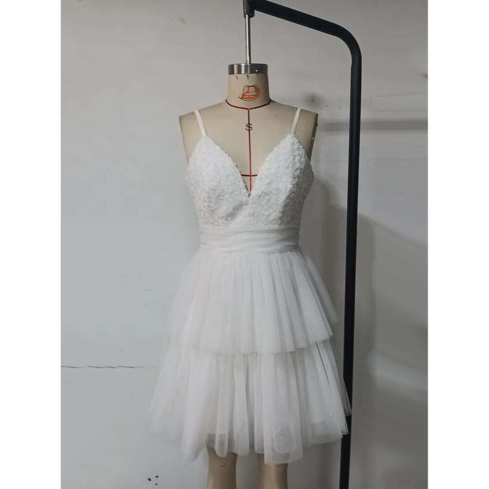 Women's Sexy Strap White Mesh Patchwork Mini Dress 9