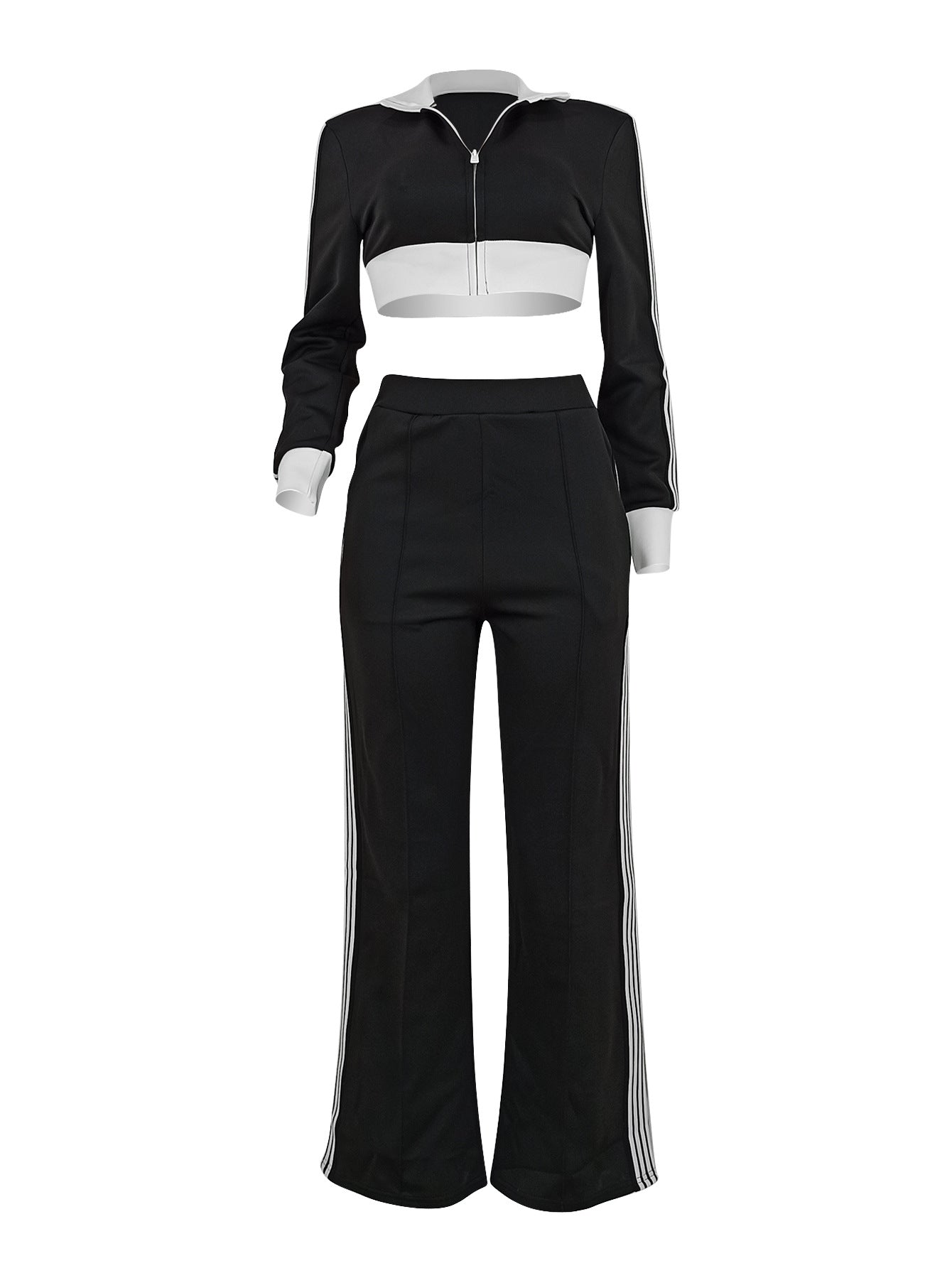 Women's Color-Blocked Casual Zip-Up Long Sleeve Top & Side-Stripe Sporty Pants Autumn/Winter Set 5