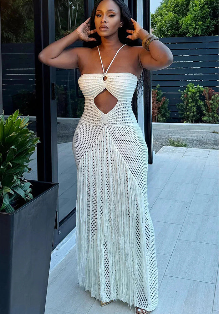 Sexy See-Through Cut-Out Knit Strapless Women's Long Dress