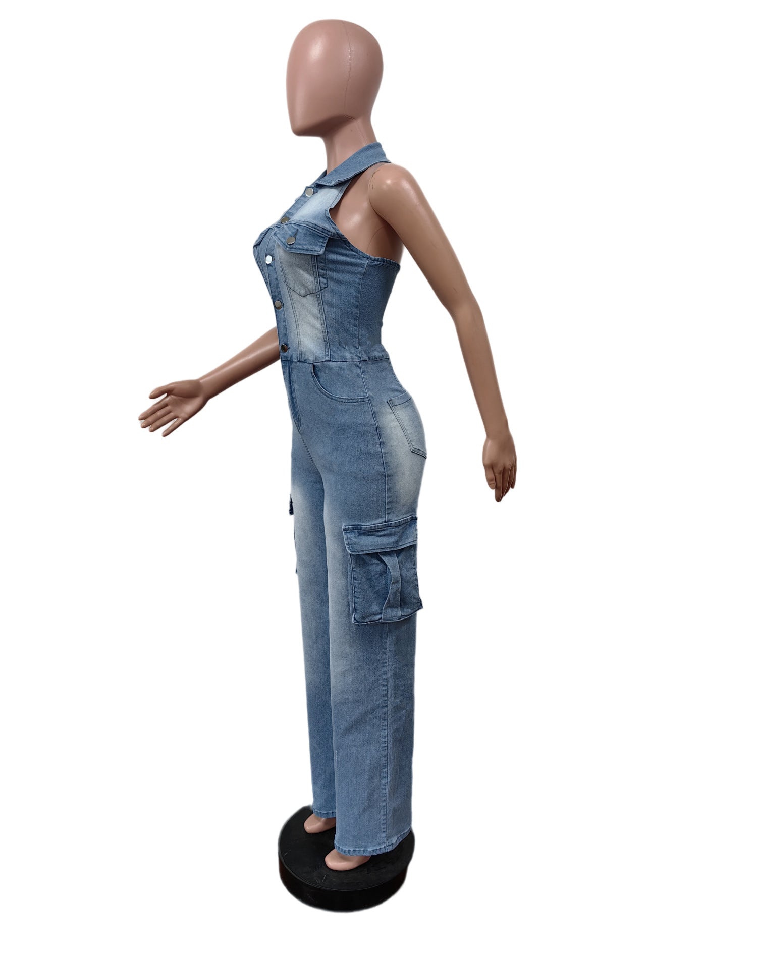 Women Elastic Washed Denim Jumpsuit 6