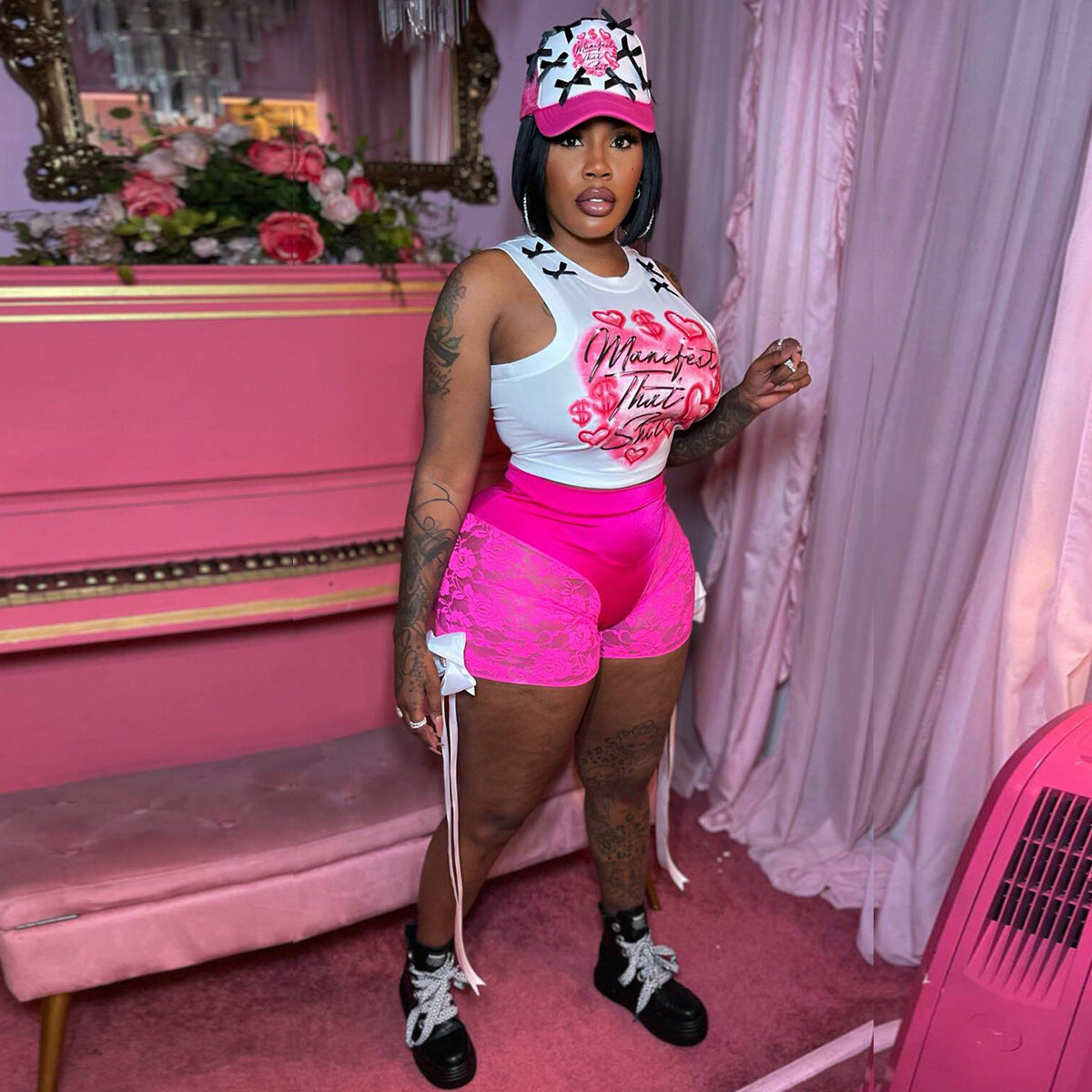 Women's sexy Lace See-Through bow shorts sleeveless vest two-piece set 5