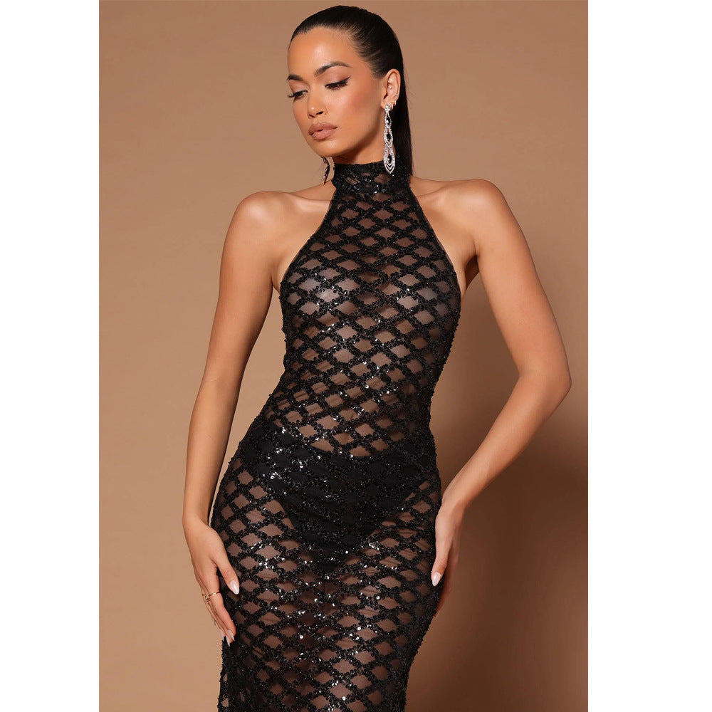 Women Fashion Sexy Low Back Nightclub Party Dress Beaded Sequin See-Through Dress 7