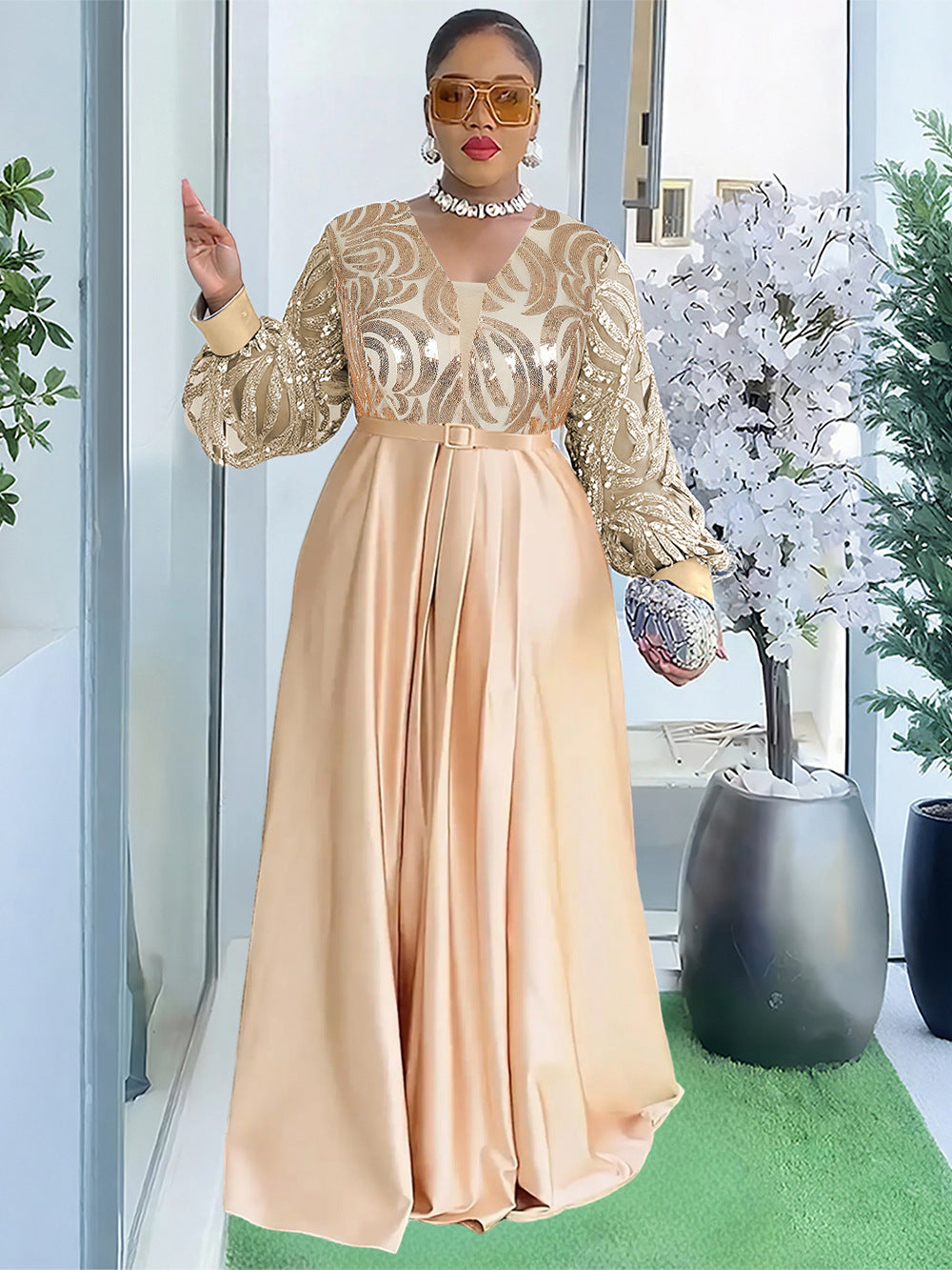Plus-size African Women sequined lace long-sleeved V-neck elegant maxi dress 6