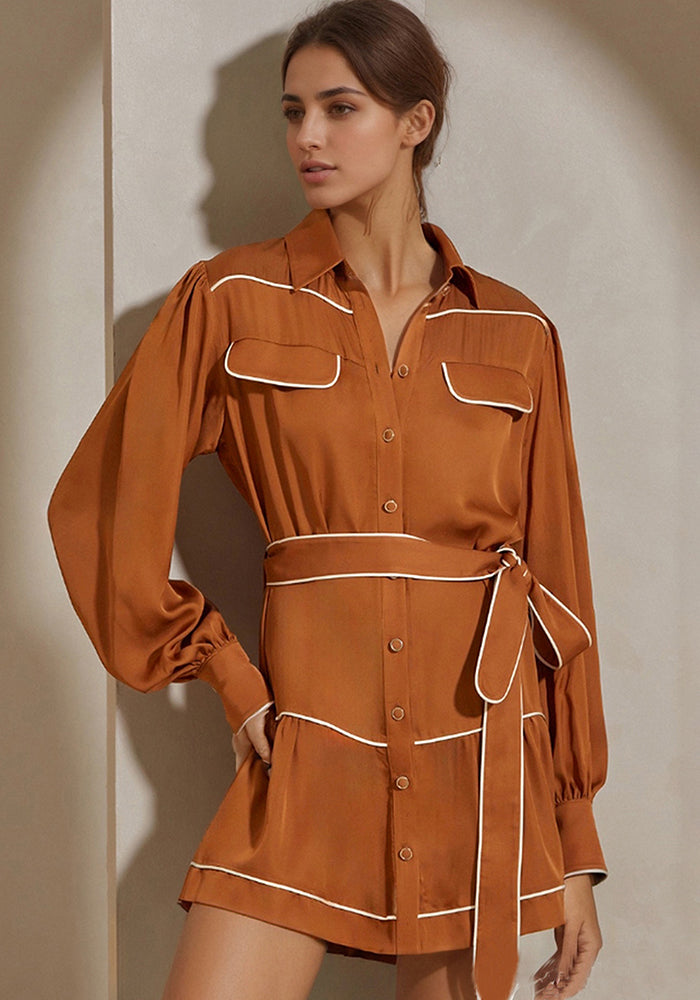 Trendy Brown Contrast Belted Satin Shirt Dress