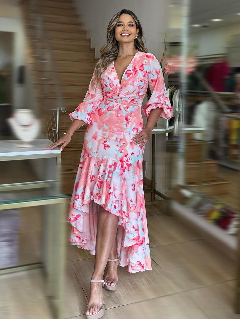 Women V-Neck Bubble Long Sleeve Irregular Ruffle Dress 3