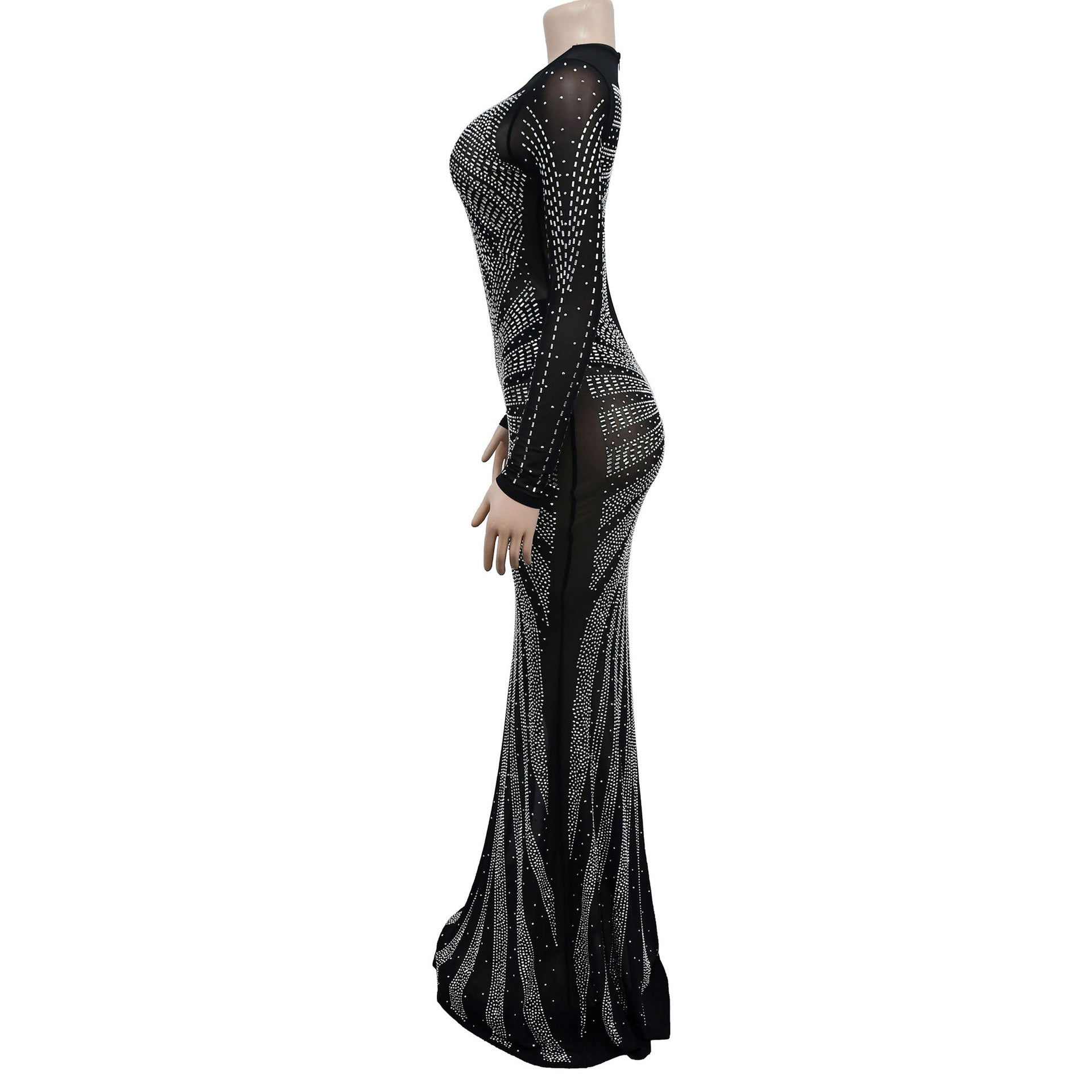 Women Solid Color Mesh See-Through Beaded Long Sleeve Maxi Dress 15