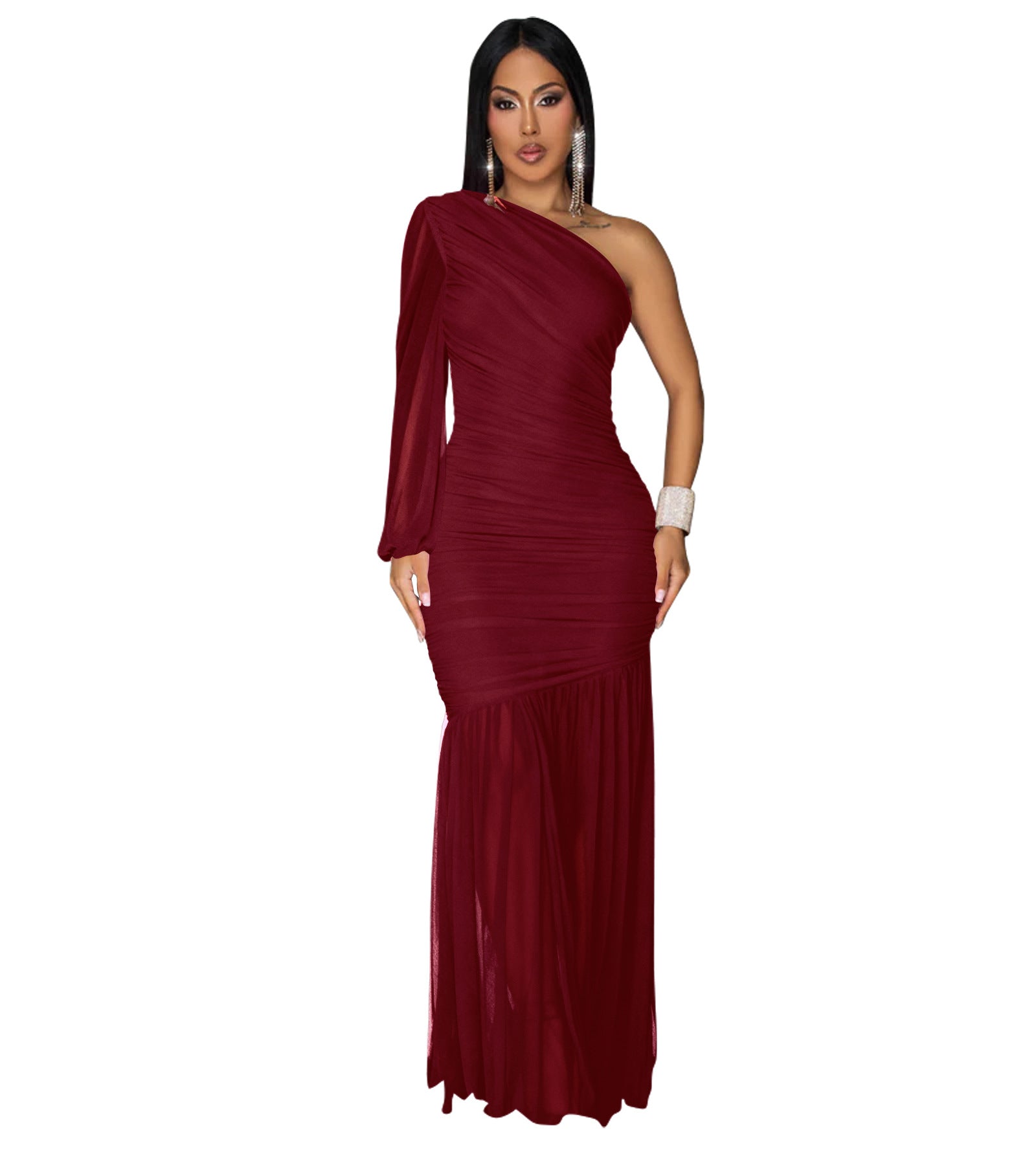 Women's Autumn Solid One-Shoulder Slash Shoulder Pleated Mesh Long Dress 9