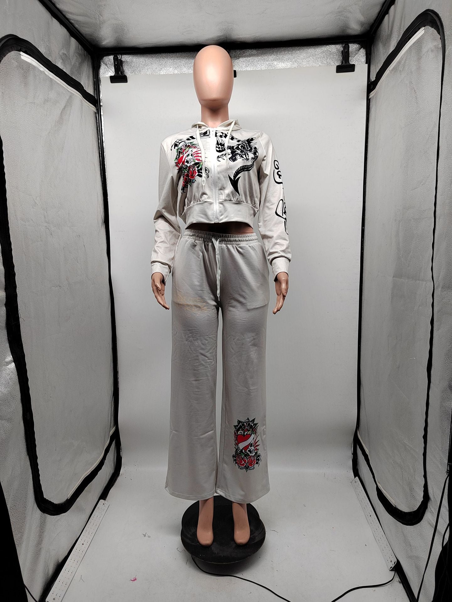 Women Autumn Casual Zipper Printed Top and Pant Two-piece Set 13