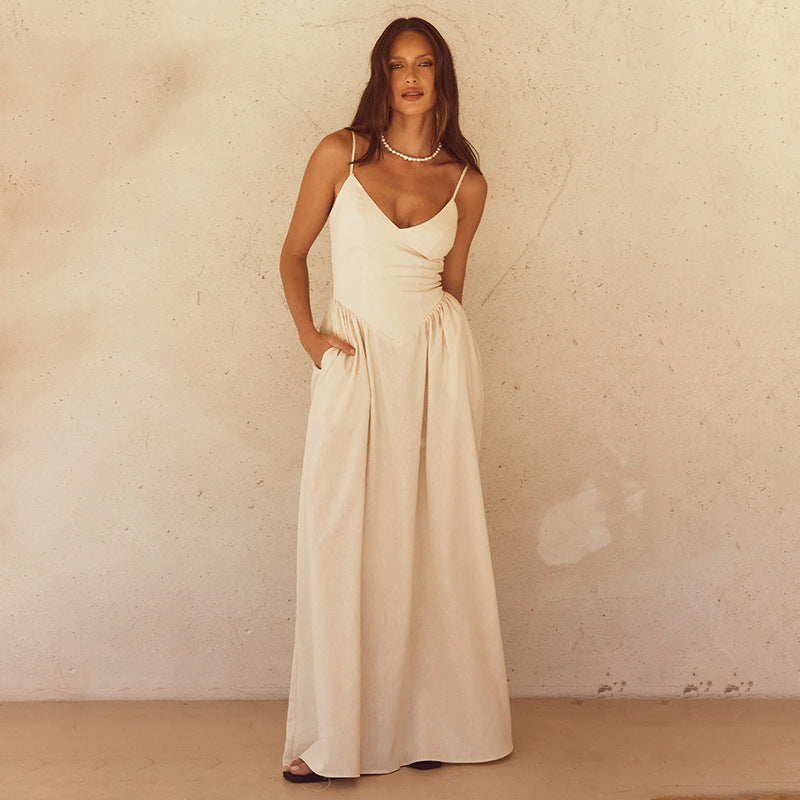 Women Suspender Dress V Neck Backless Solid Dress 6