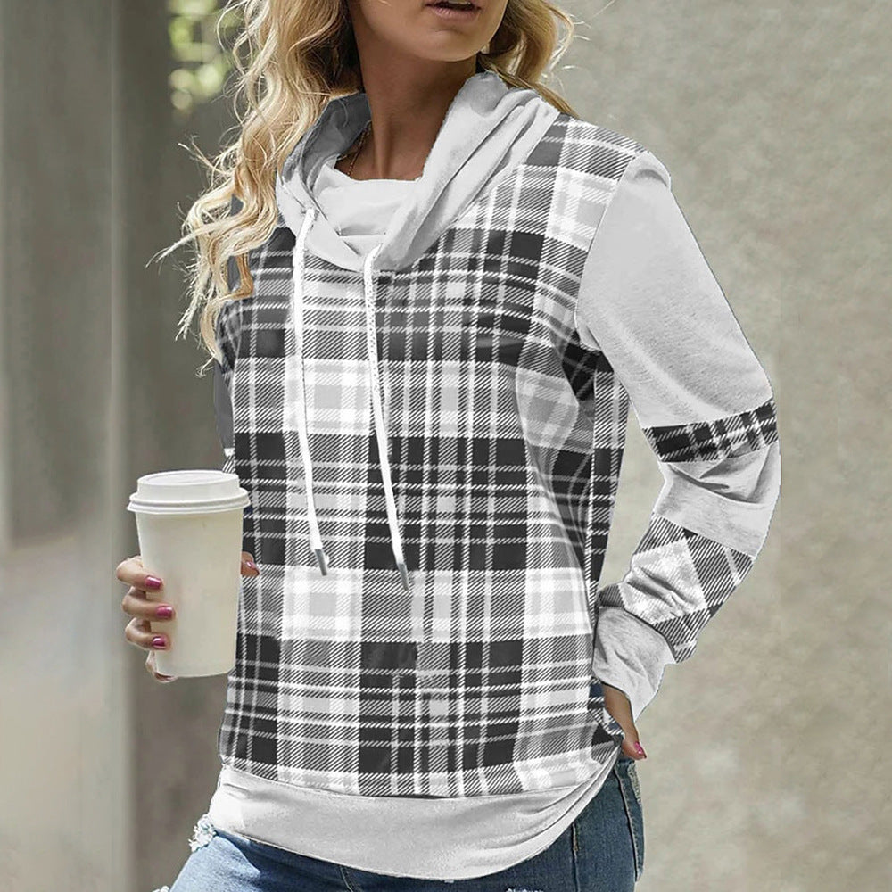 Autumn Women Plaid Printed Long Sleeve High Collar Loose Casual Top 3