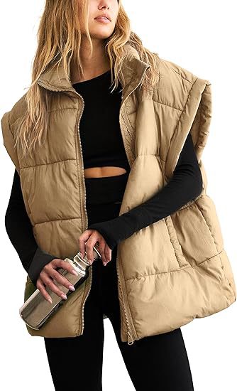 Women Solid Zipper Pocket Stand Collar Padding Vest 23