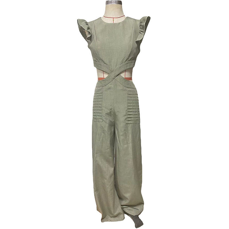 Women Summer Round Neck Ruffled Loose Jumpsuit 9