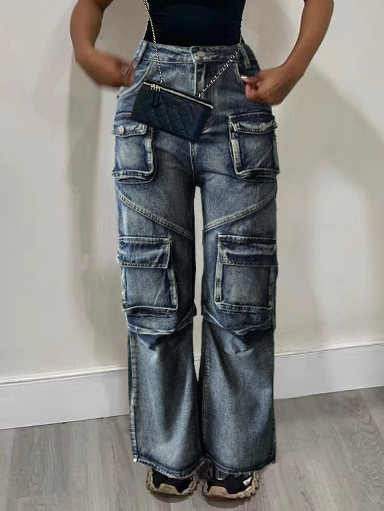 Women Pocket Wide Leg Denim Straight Pants