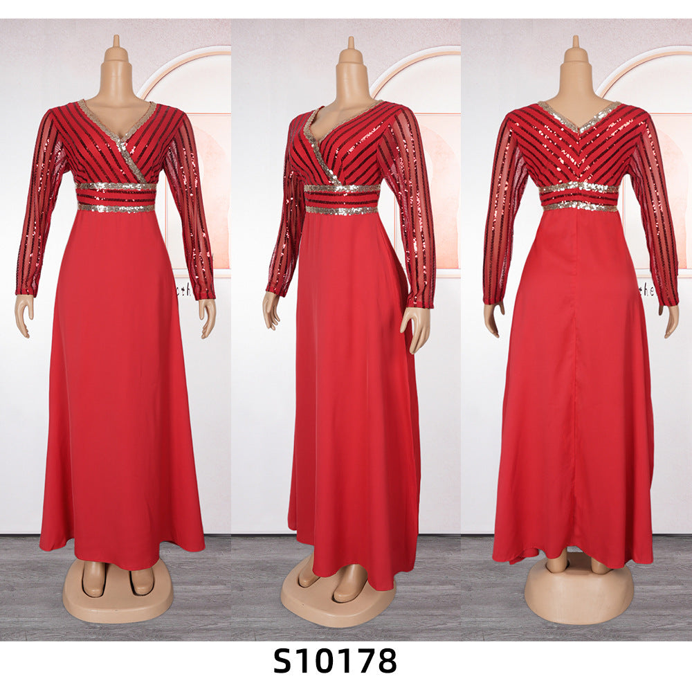 Plus Size African Women Autumn Lace Patchwork Sequins Dress 7